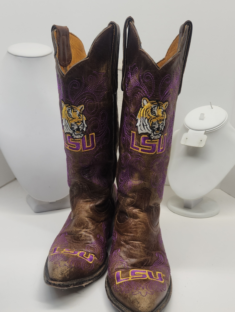 LSU GAMEDAY LEATHER Embroidered Tiger Logo Western Boots in Brown & Purple 7B
